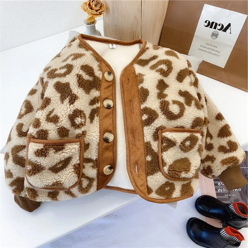 Cappotto da bambina in lana di agnello con stampa leopardata e cappotto spesso in velluto, cardigan caldo invernale, abbigliamento bambini ragazzi