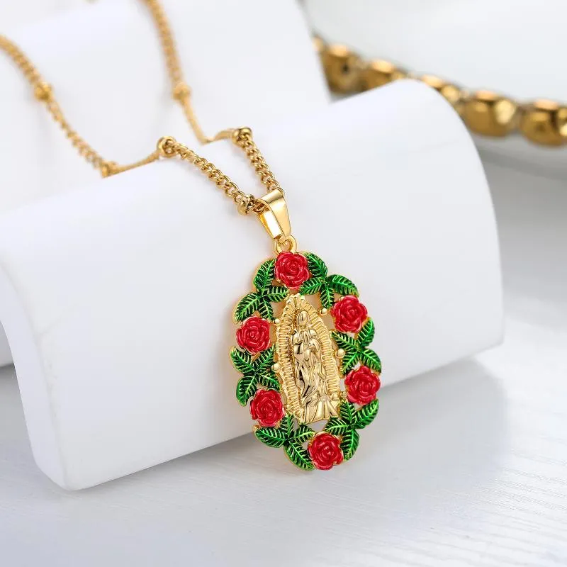 Anhänger Halskette Guadalupe Halskette für Frauen Jungfrau Maria Schmuck Personalisierung Rosen Kette Gold plattiert Metall Blume Geschenk Frien2980