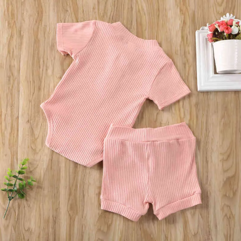 Baby zomer kleding kleren Kidkleding babyjongen korte mouw bodysuit meisje shorts pasgeborene geribbelde solide outfits set g220509