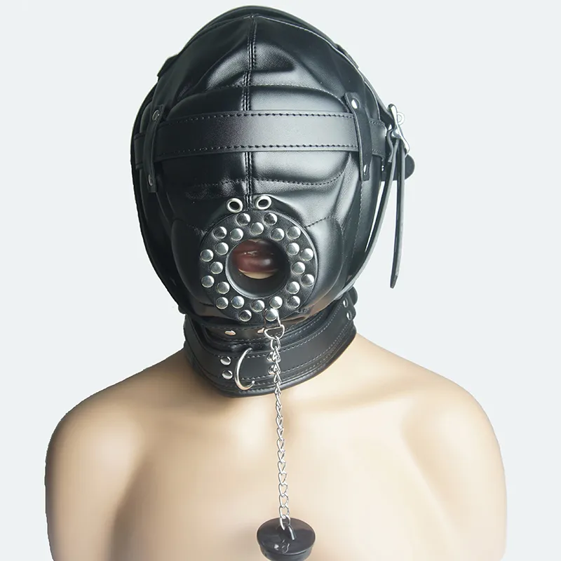 Bondage Full Hood Mask, BDSM juguetes sexy para parejas, arnés de cuero esclavo acolchado GIMP, consolador / anillo / bola GAG Vendfrold