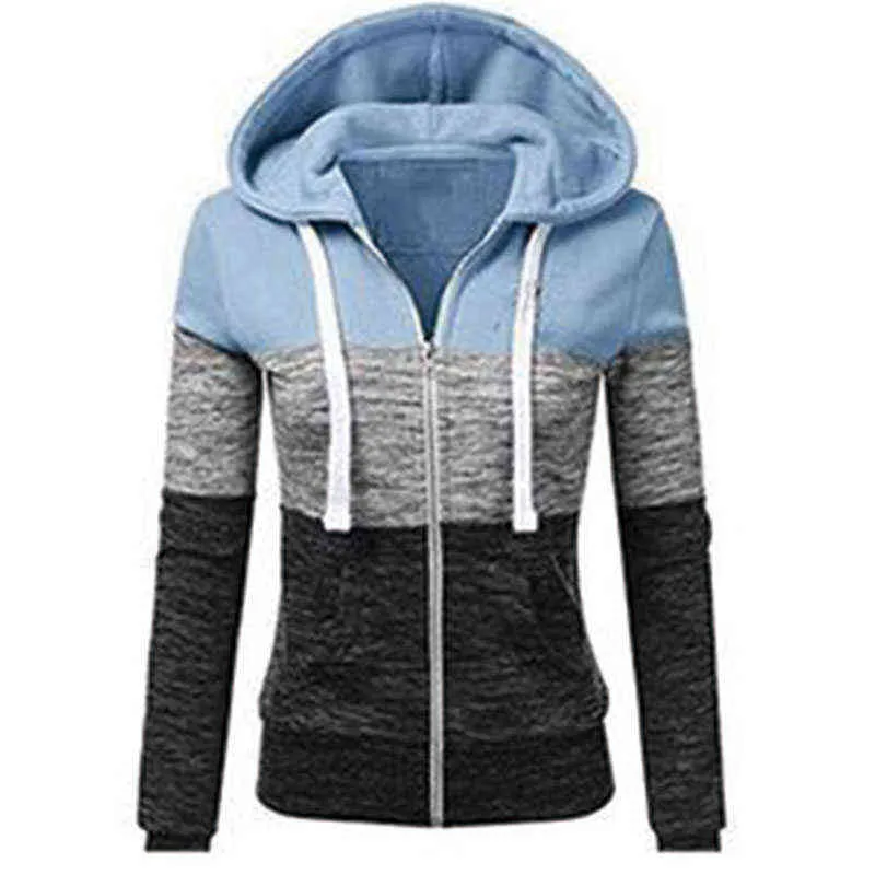 Casual Slim Big Size Clothing Women 5xl Korean Zip Up Hoodie Långärmning Poleron Kontrast Patchwork Kangaroo Pocket Sweatshirt L220706