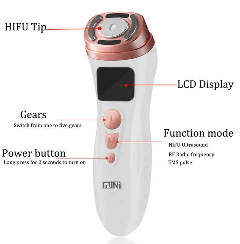 Mini Máquina Hifu Ultrassom RF EMS Dispositivo de beleza facial Anti-Wrinkle Massager Lifting Recupere o rejuvenescimento da pele 220512