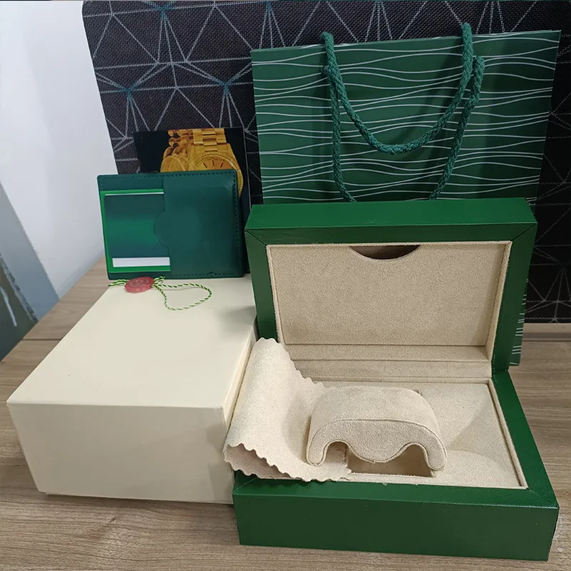 Rolex Box Högkvalitativ Green Watch Cases Pappersväskor Certifikat Originallådor för trä Män Mänklockor Presentväskor Tillbehör H257O