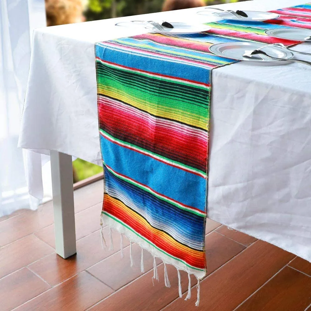 Mexican Table Runner 4Pack 14 x 110 Inches Large Mexican Theme Party Decoration for Cinco de Mayo Fiesta Party Serape Table Runner Red and Blue