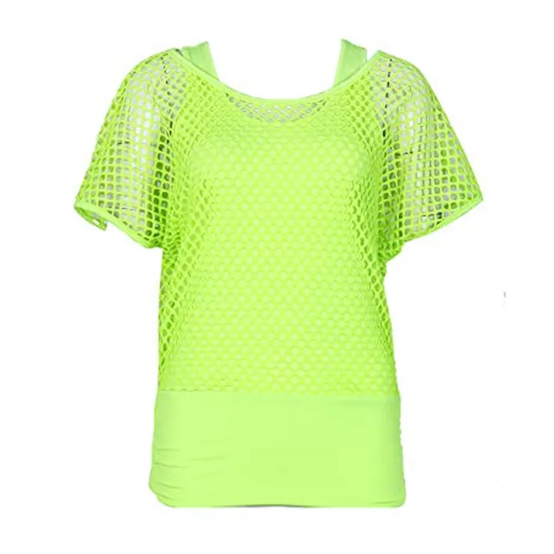 Kortärmad Casual Neon Green Sexy Hollow Out Mesh Cover T Shirt och Tank Toppar Kvinnor Mode Grid Blusa PR1005G 220325
