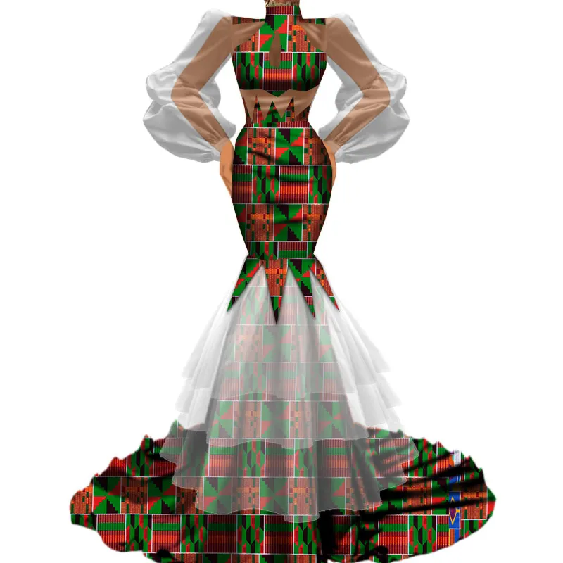 BintaRealWax 新デザインの女性のエレガントなボディコン高品質チュチュチュールガーゼパッチワークアフリカ生地ウェディングパーティースカートドレス WY4720