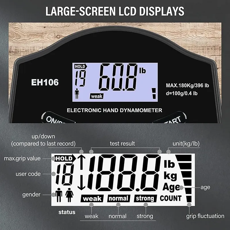 Tester wytrzymałości na chwyt 396LBS180 kg Dynamiczny dynamometr ręczny Miernik wytrzymałości USB LCD Ręka Dynametr ręczny 220713