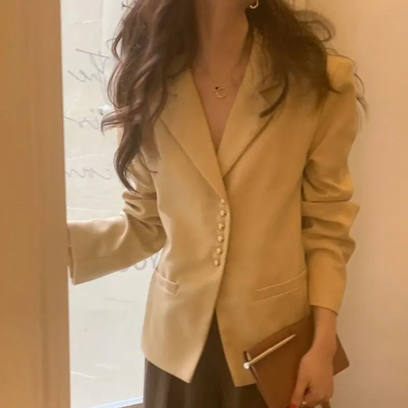 Kimotimo Vintage Blazers Kadın Kore Chic Turn-Aşağı Yaka Metal Düğme Tasarım Ceket Sonbahar Rahat Uzun Kollu Suit Coat 220402