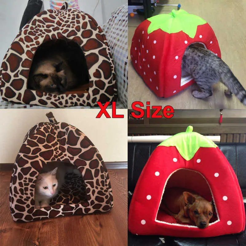 Kennel Foldable Soft Winter Leopard Dog Bed Strawberry Cave Dog House Cute Nest Fleece Cat Housethe287n