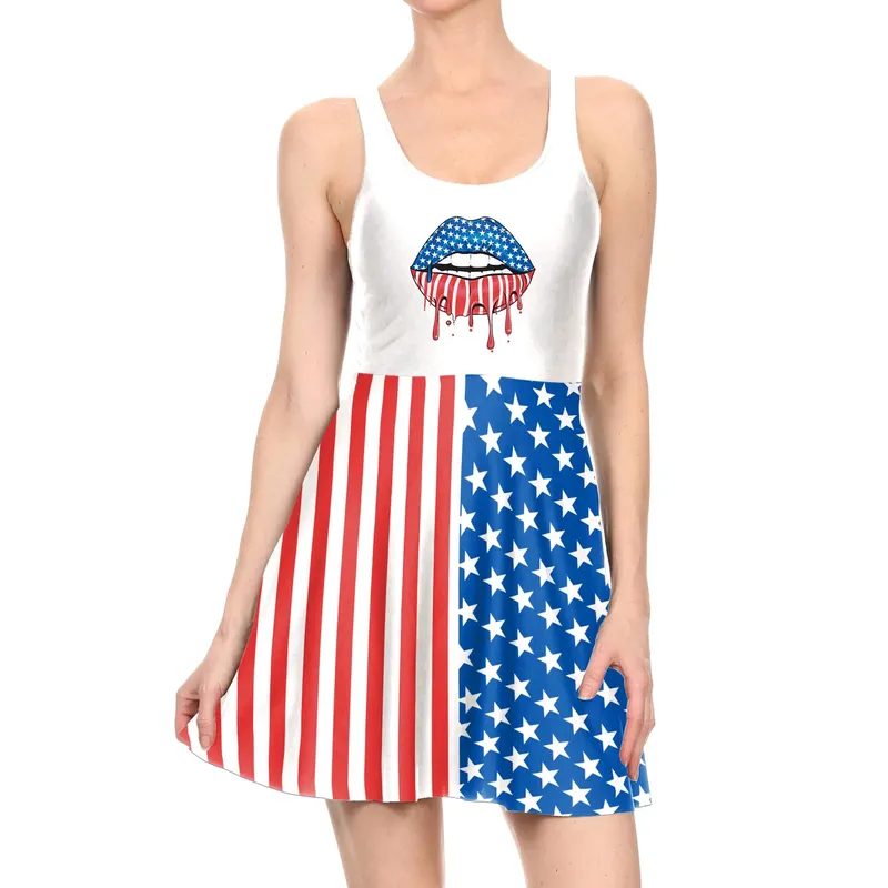 Женские одежды американский флаг 3D графический мультфильм уличная одежда Летняя женская сексуальная платья модные рукавочные платья Lady Beach W220616