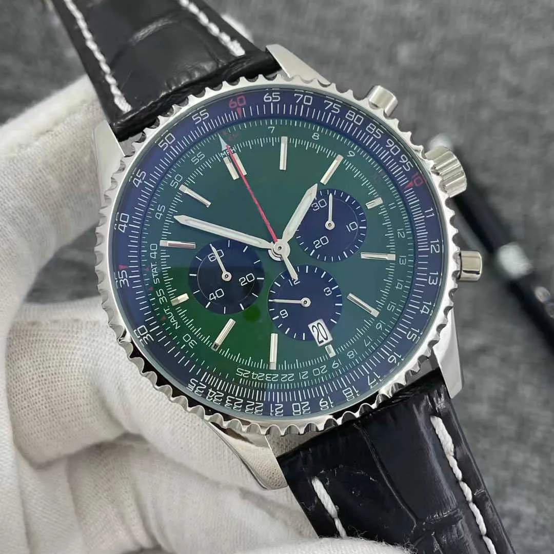 46MM qualità B01 Navitimer orologio cronografo movimento al quarzo acciaio verde menta quadrante nero 50esimo anniversario orologio da uomo cinturino in pelle 224N