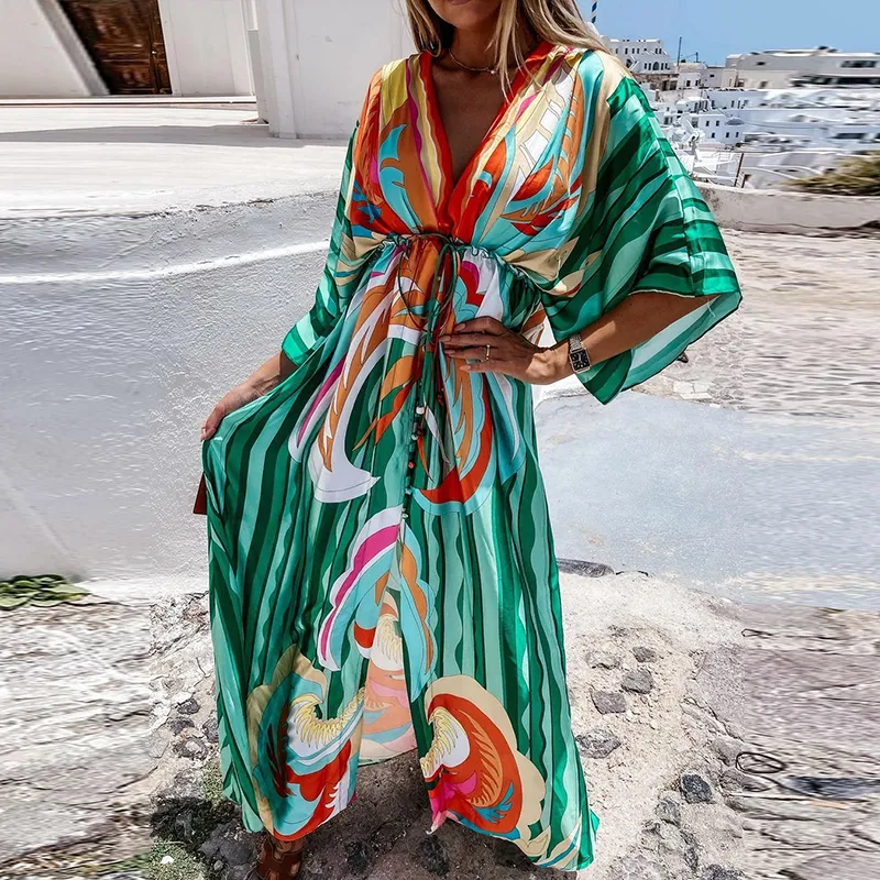 エレガントなディープVネックプリント裾のマキシドレス女性カジュアルボタン弾性ウエストロングパーティードレス夏の緩いスリットビーチドレス220317