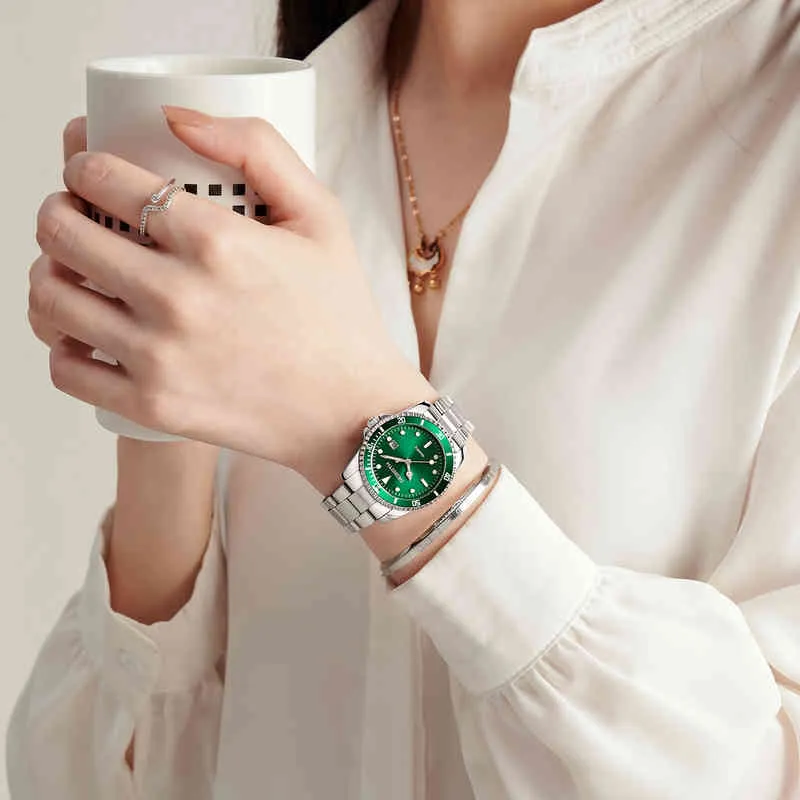 Reborn Relloj Mujer Green Dial Dial Roman Watch Case Stanls Steel Fashion Watch Ladi Rose Gold Watch for Women
