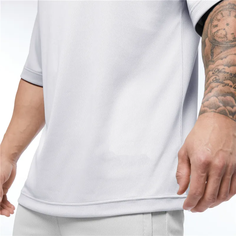 ملائمة كبيرة الحجم t قميص الرجال يسقطون أكتاف جيم كمال الأجسام اللياقة البدنية فضفاضة hiphop tshirt Quick Dry Mesh Streetwear Sports Tshirt 220621