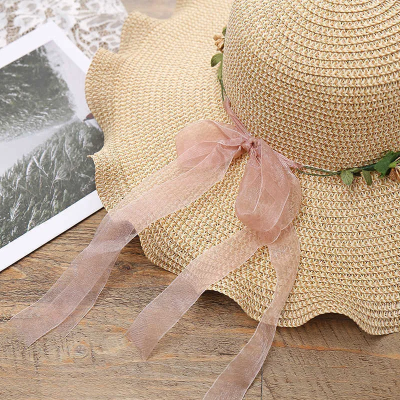 2022 الصيف واسعة بريم الشمس المرأة سترو قبعة قبعة في الهواء الطلق عطلة سيدة شاطئ عارضة زهرية