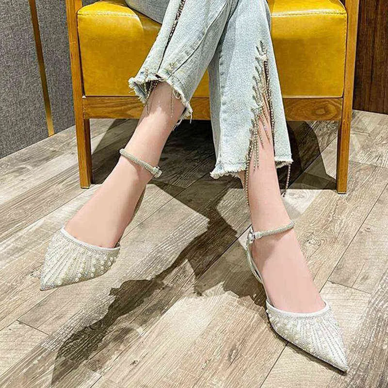 Rimocy Sexy Ankle Strap Pearl Pumps Women Crystall Pointed Toe Thin Heels Wedding Shoes Woman New Shining High 220528