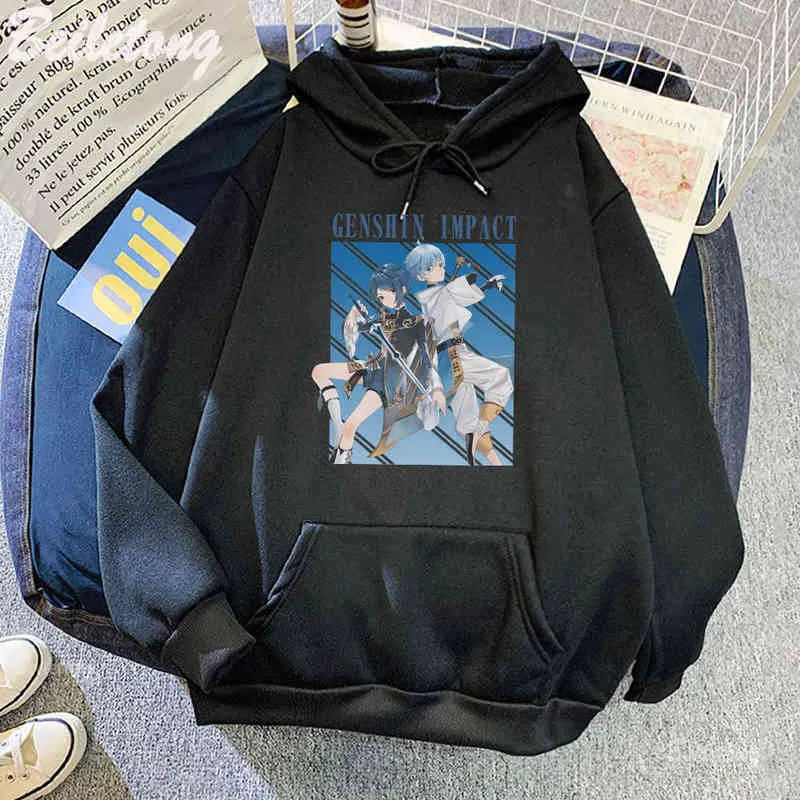 Genshin Impact Hoodie Anime Xingqiu и Chongyun Streetwear Женщины Открытые приключения Всемирные толстовки с приключения