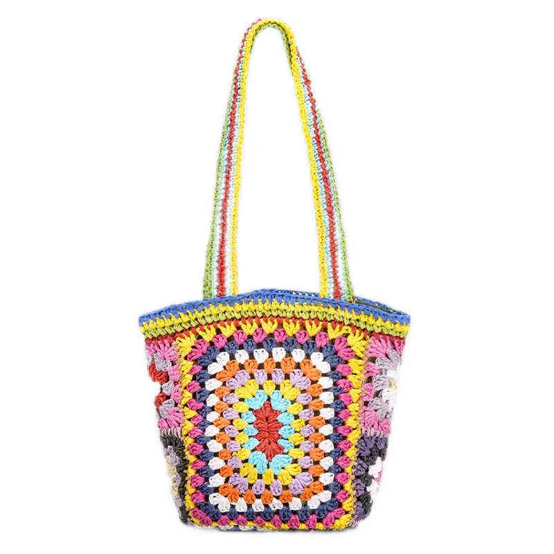 Bohemian virkning axelväska för kvinnor paisley halm crossbody väskor handgjorda vävda sommarstrand liten tote bali purses sac 220705