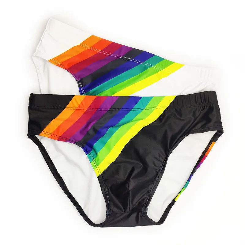 Men S Rainbow Triangle Swimming Trunks With Push Pad European American Fashion Low midja Sexig Bikini Summer Beach Surfing 220520