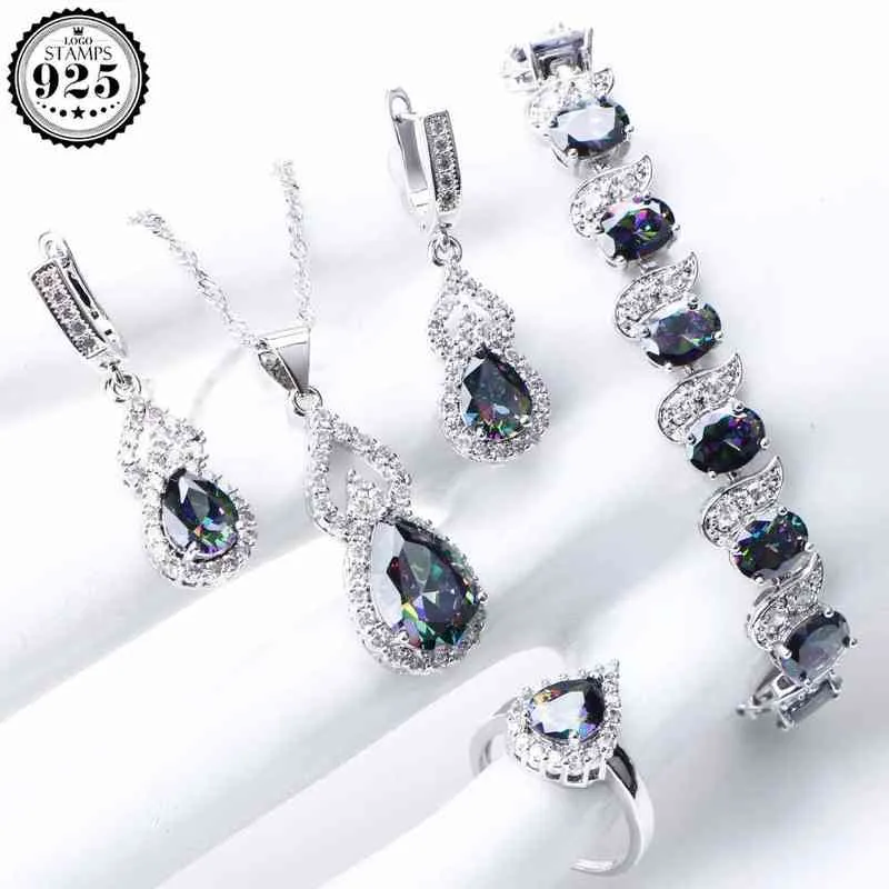 Natural Rainbow Jewelry Sets 925 Sterling Silver Stones Wedding Earrings For Women Stones Bracelet Necklace Rings Set Gifts Box H220422