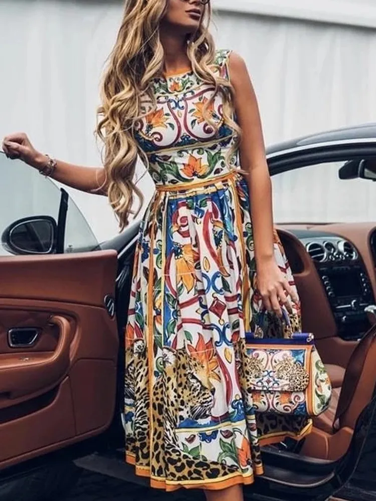 Summer Women Sundress Bohemian Floral Print Beach Maxi Dress Vintage O Neck Sleeveless Loose A Line Lady Street Holiday Dress 220516