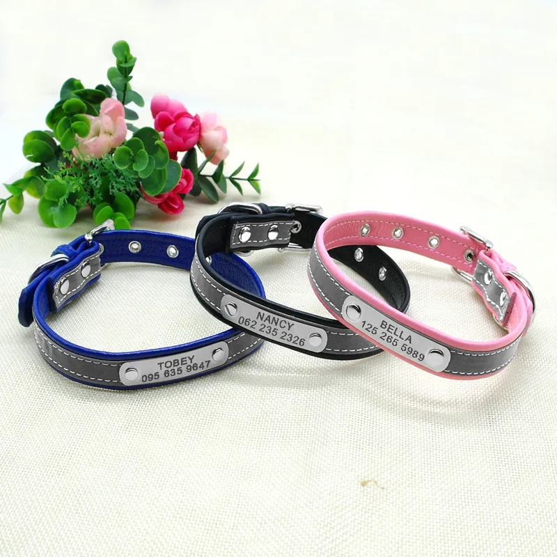 Reflective Personalized Leather Dog Cat ID Custom Engraved Puppy Nameplate Collars For Small Pets Cats XSM 220622