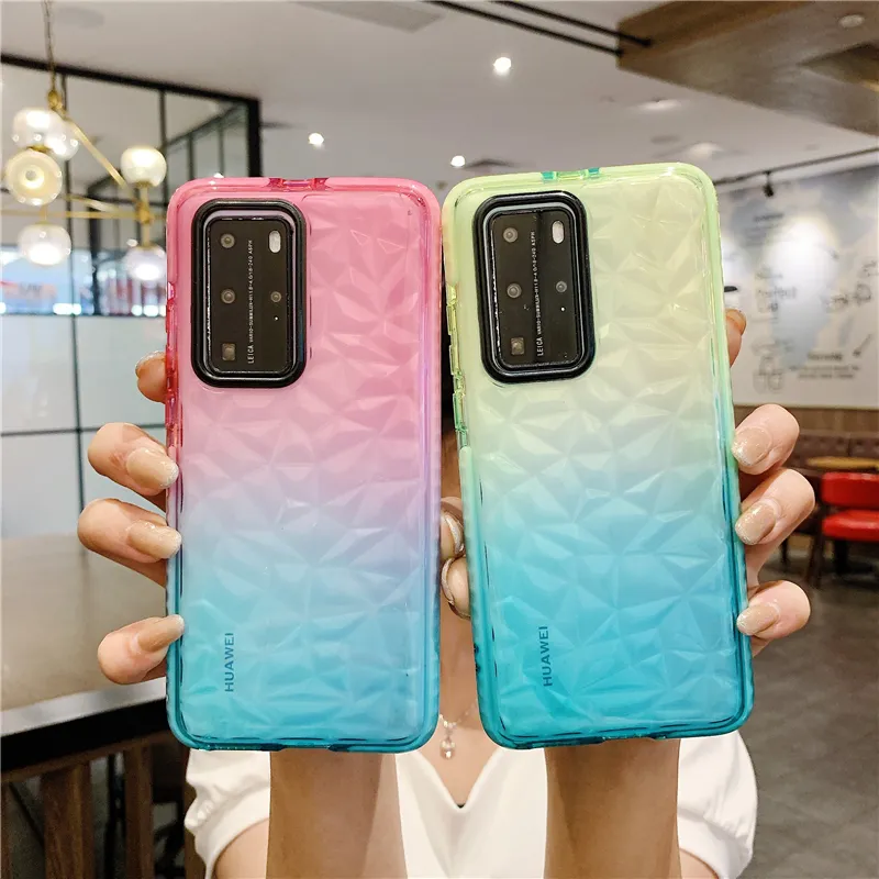 3D Gradient Diamond Texture Telefon Fodraler för Huawei P40 PRO P20 P30 Lite Mate 20 30 40 Pro Honor 20 30 V30 Nova 3e 4E Back Cover