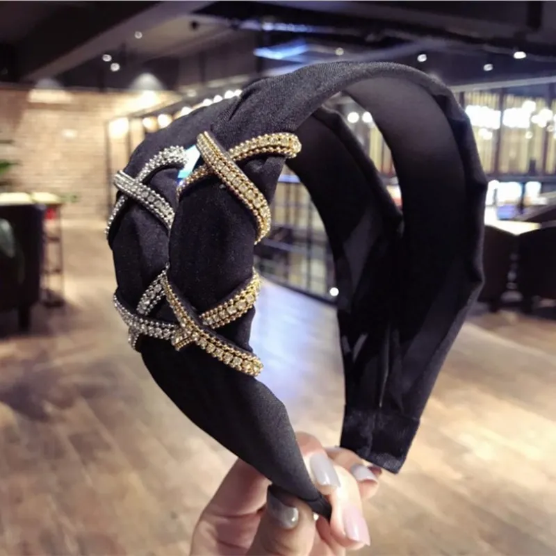 Новая модная бутика аксессуары для волос ткань бриллиант -кросс -узел широкий боковой буровой булочка для полосы бауна для женщин для женщин