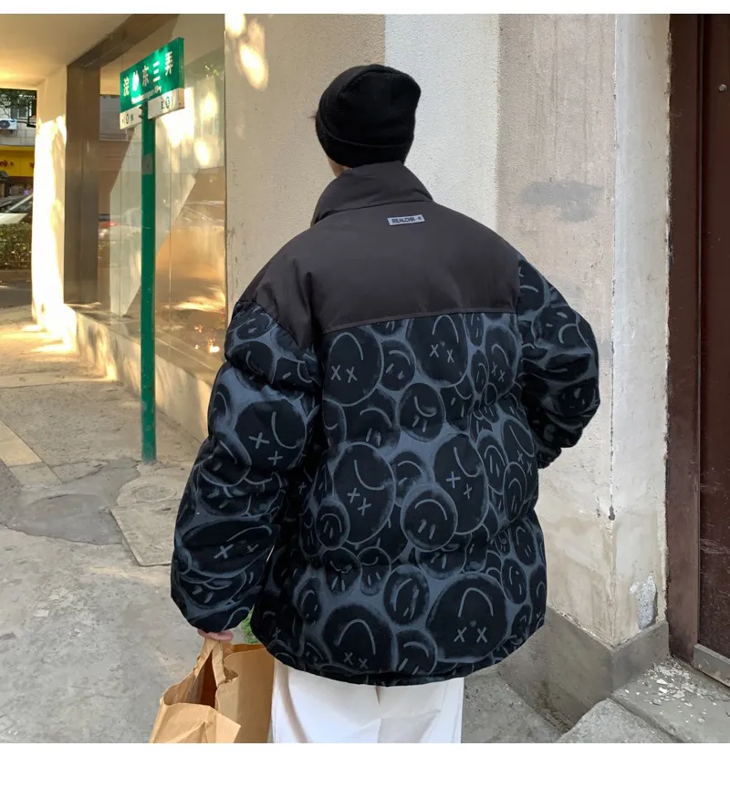 남자 일본어 스트리트웨어 병복 다운 자켓 겨울 남성 풀 프린트 패션 버블 코트 부부 패치 워크 두꺼운 파카