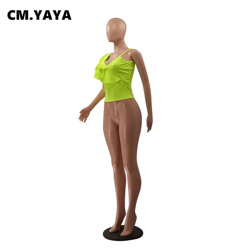 CM.Yaya Kvinnor Camis Solid Ruffles Spaghetti Strap V-Neck Topps Sexig Nattklubb Klädsel Sommar Fashion Top Tees Kvinna 220325