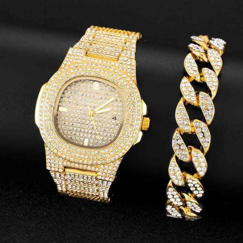 Montre de luxe Hip Hop en or glacé pour hommes, avec chaîne cubaine, ensemble de bracelets carrés à Quartz pour femmes, Reloj Mujer45BN