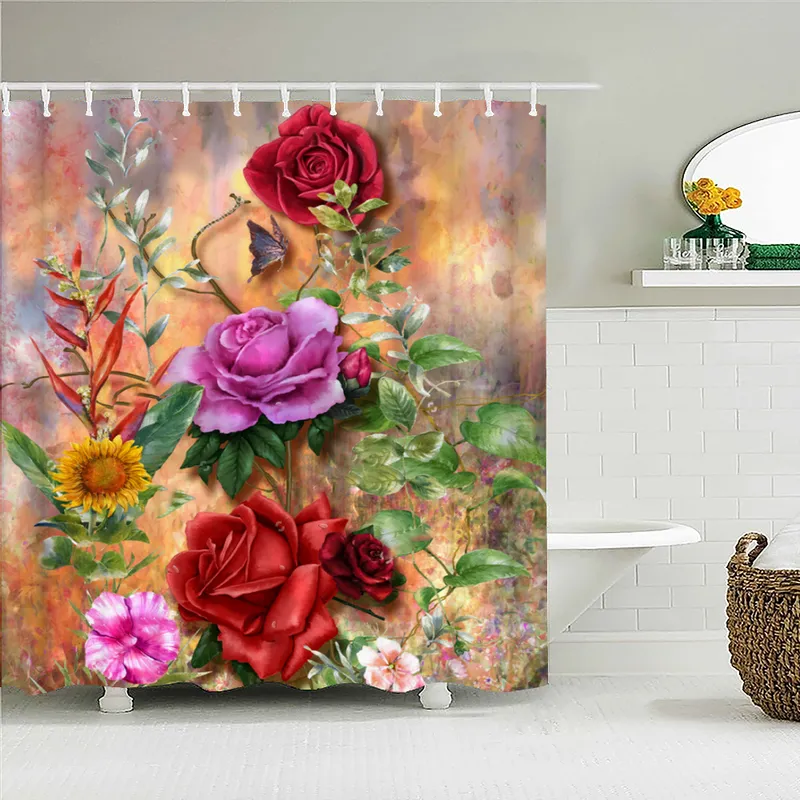 rurality fresh flowers wall shower curtains bathroom shower curtain 3D fabric bath curtain with hooks waterproof bath screen 220517