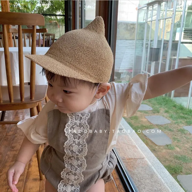 Pasgeboren baby Baby Girl Boy Cute Modellering Children's Straw Hat Toddler Kid Solid Dome Sunshade en Ruit Shield 6M-18M CX220510