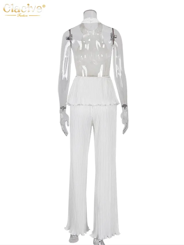Claceve Sexy Backless Tank Top Zestaw 2 -częściowy Summer White Plated Spodni Suits żeńskie eleganckie spodnie o wysokiej talii Zestaw 220812