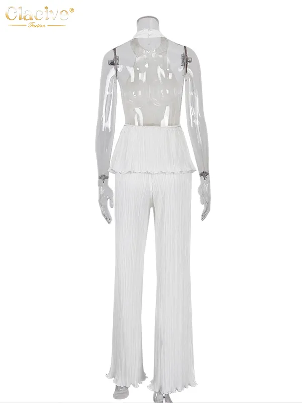 CLACIVE SEXY BACKLESS TANK TOP SET Woman Summer White Pleated Trouser Suits Female Elegant High midje Wide Pants Set 220812