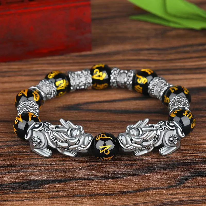 Perlen Stränge Männer Schwarz Obsidian Stein Perlen Armband Pixiu Chinesischen Feng Shui Glück Reichtum Buddha Für Frauen Schmuck Lars22282h