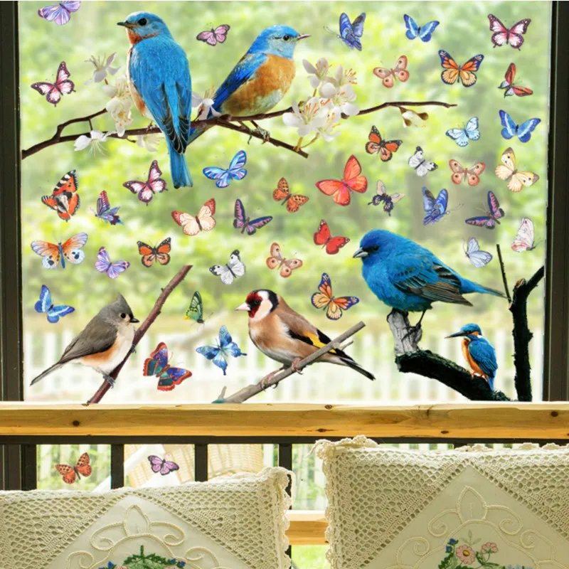Cute Bird and Butterfly Glass Door Window Wall Stickers for Kids Children s Room Decor Static Vinyl Birds Decals Home Decoration 220607