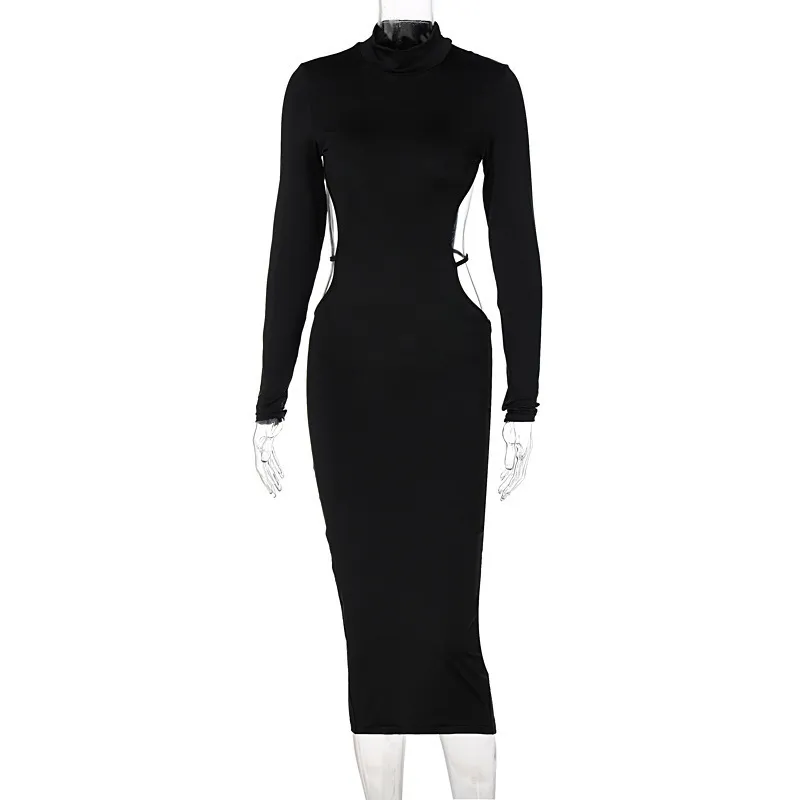 Elegant rygglös långärmad slits bodycon klänning för kvinnors svart klippt ut sexig fest kväll midi klänningar höstkvinna kläder 220510