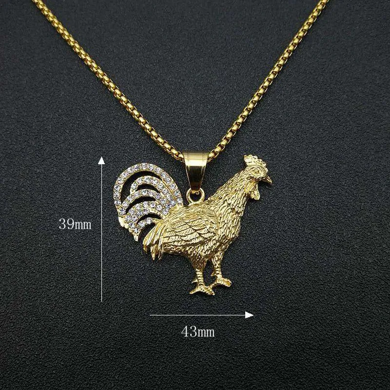 Colares Pingente Hip Hop Iced Out Galo Correntes Para Homens Cor de Ouro Aço Inoxidável Animal Masculino Bling Jóias Gota Heal22288x