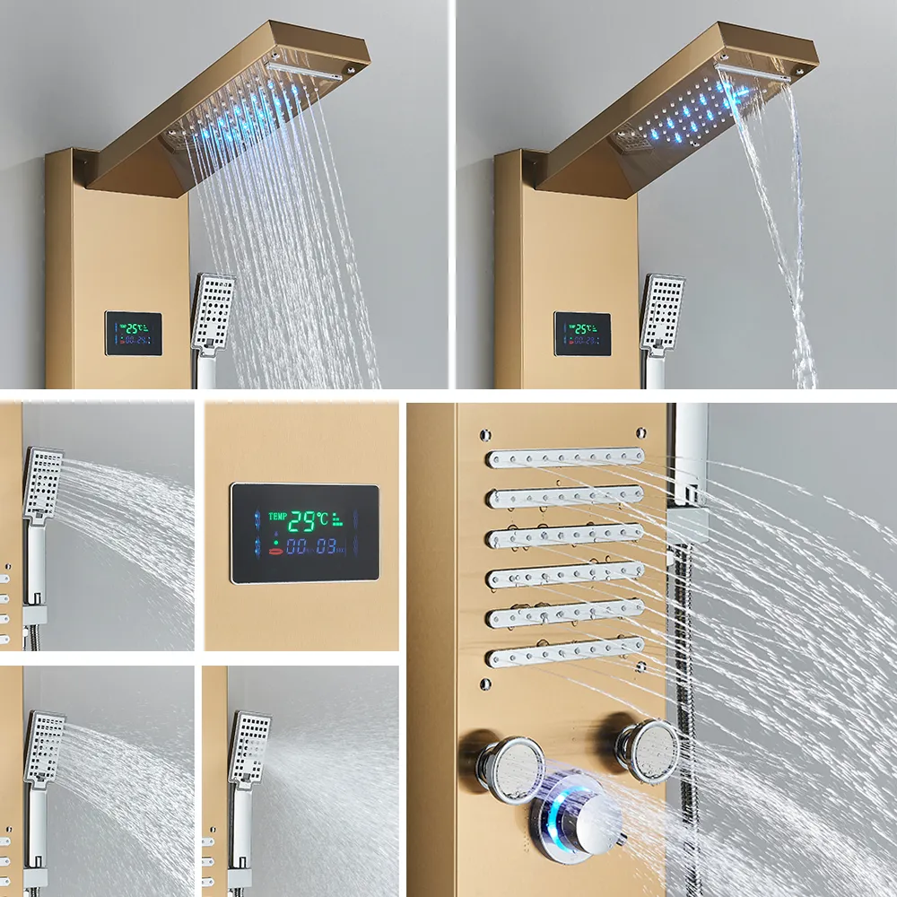 Pannello di doccia leggera a led nero cascata rubinetti piovosi rubinetti la doccia spa bagno getto da bagno miscelatore