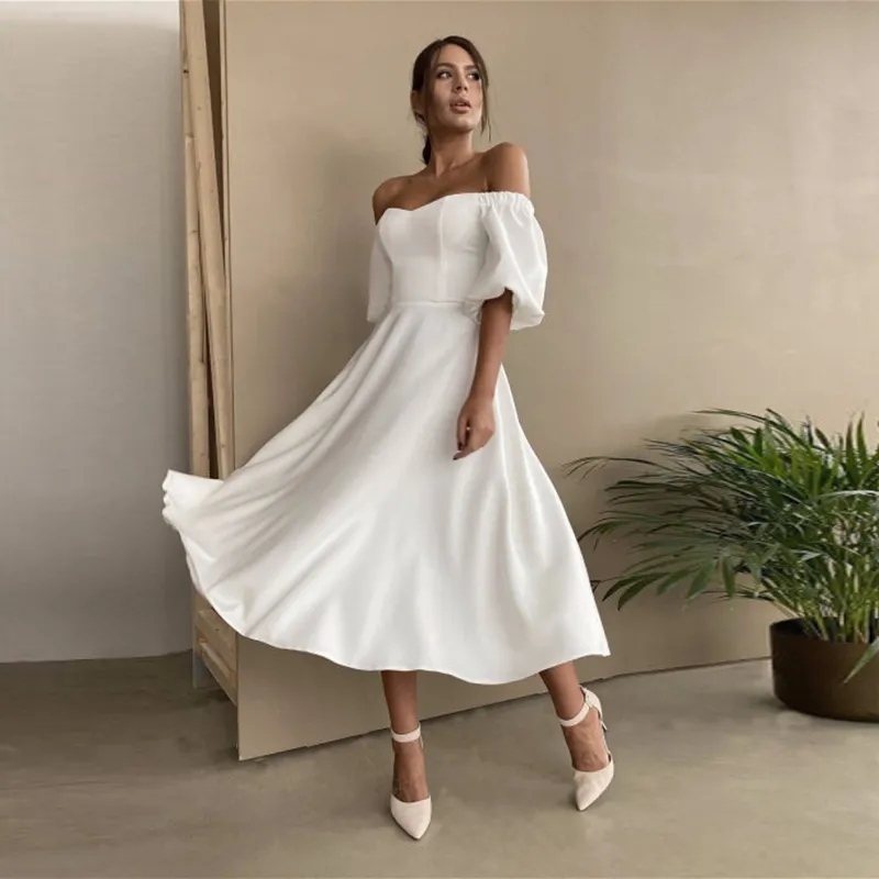 Churses Sexy Slash Neck Backless Midi Dress Autumn Elegant Puff Half Sleeve A-Line Long Party Dresses For Women 220509237a