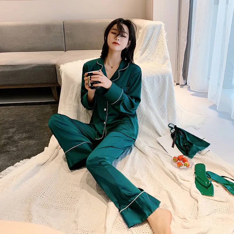 SAPJON Silk Satin Sexy Pajamas Sets For Women European Luxury Long Sleeve Pyjamas Sleepwear Oversize Pijama With Bag 220321