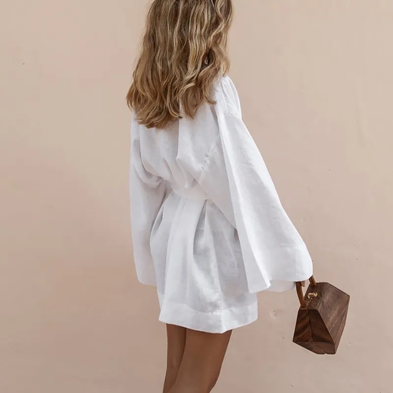 Femmes col en V Kimono Cardigan Mini robe blanc coton lin à manches longues ceintures à lacets robes femmes été lâche 220618