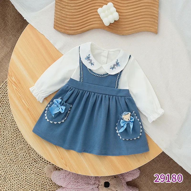 Primavera familia a juego hermana ropa manga larga blanco azul patchwork bodyprincesa bebé vestido trajes E9190 220531