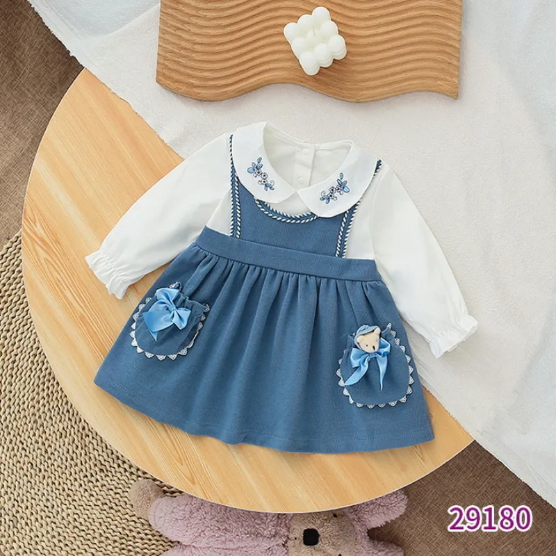 Spring Family Dopasowanie siostrzane ubrania długie rękawy Białe niebieskie patchwork Bodysuit Princess Baby Dress Fits E9190 220426