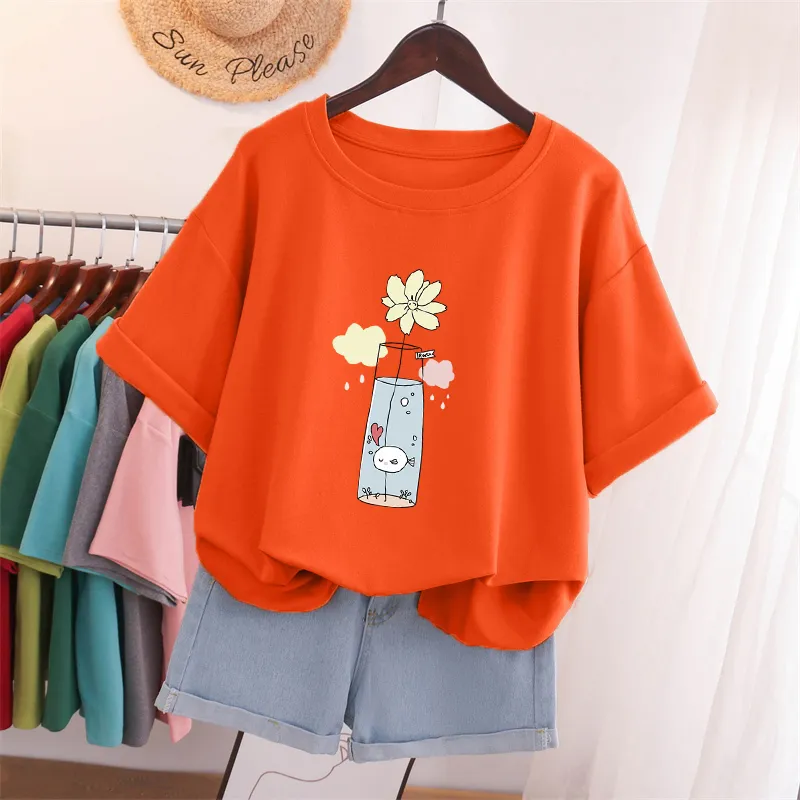 DAYIFUN 100% Cotton L6XL T Shirt Plus Size Tshirt Short Sleeve Women Summer Flower Print Japanese O Neck Oversized T Shirts 220527