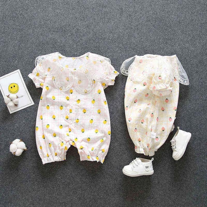 Bebek kız Romper 2022 Yaz Yeni İnce Bebek Bebek Giysileri Bebek Giyim Sevimli Dantel Taç Yapı Dışarıda Çocuk Romper 3-24 Ay G220510