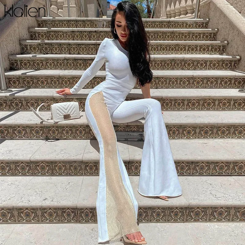 Klalien Fashion Elegant One Shoulder Mesh Patchwork Flare Pants Jumpsuit For Women Office Lady Street Solid Slim Female Romper 220505