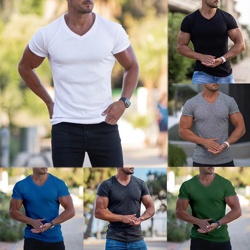 Męskie v szyja letnia siłownia fitness sporty solidny kolor mody mody krótki rękaw Casual Slim Fit Tshirt TOP 220615