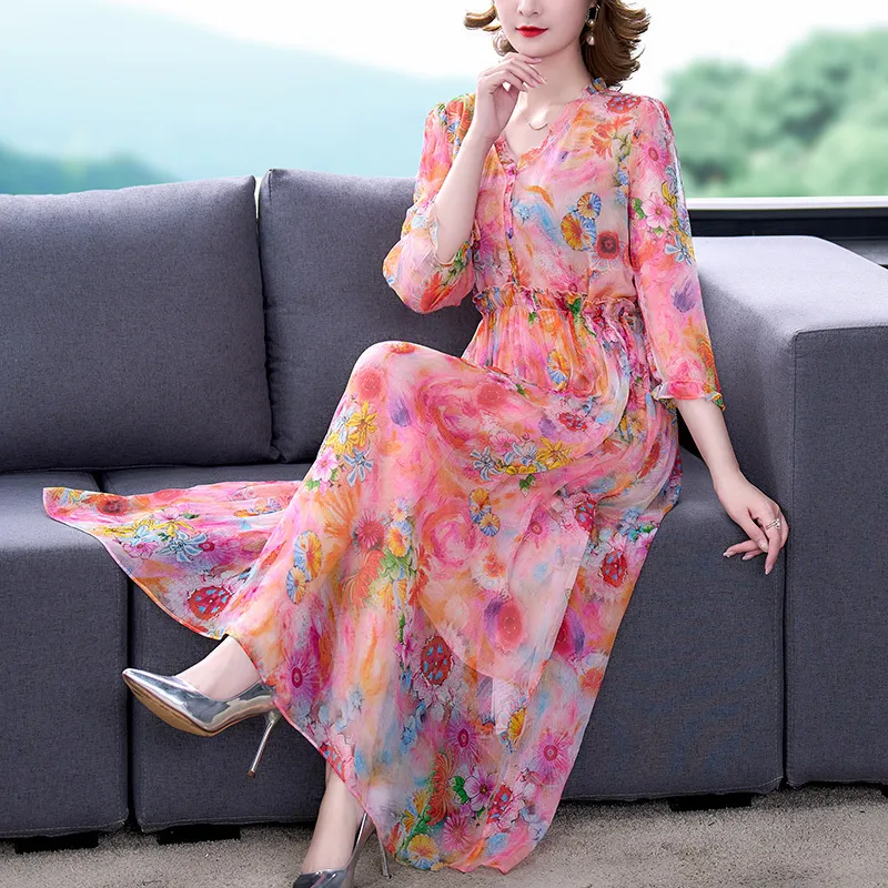 Kvinnor boho tryck blommig chiffon midi klänning koreansk vintage kausal party klänning vår sommarljus elegant strand sundress 220516